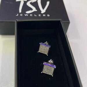 Men's Small Hip Hop Square White Gold Plated CZ Iced Screw Back Stud Earrings